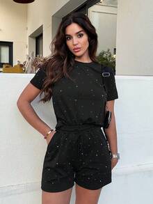 Maca Silvats 水钻装饰圆领短袖上衣和短裤两件套休闲装 - 黑色 - 查看 3