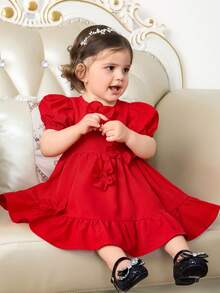 Baby Girl Casual 3D Floral Decor Round Neck Puff Sleeve Ruffle Hem Babydoll Dress, Red, Spring/Summer - Red - View 3