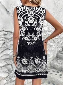 D-Print 优雅休闲黑白撞色花叶图案圆领无袖中长连衣裙，夏季新款女士休闲A字连衣裙，度假休闲女士无袖中长连衣裙 - 彩色 - 查看 2