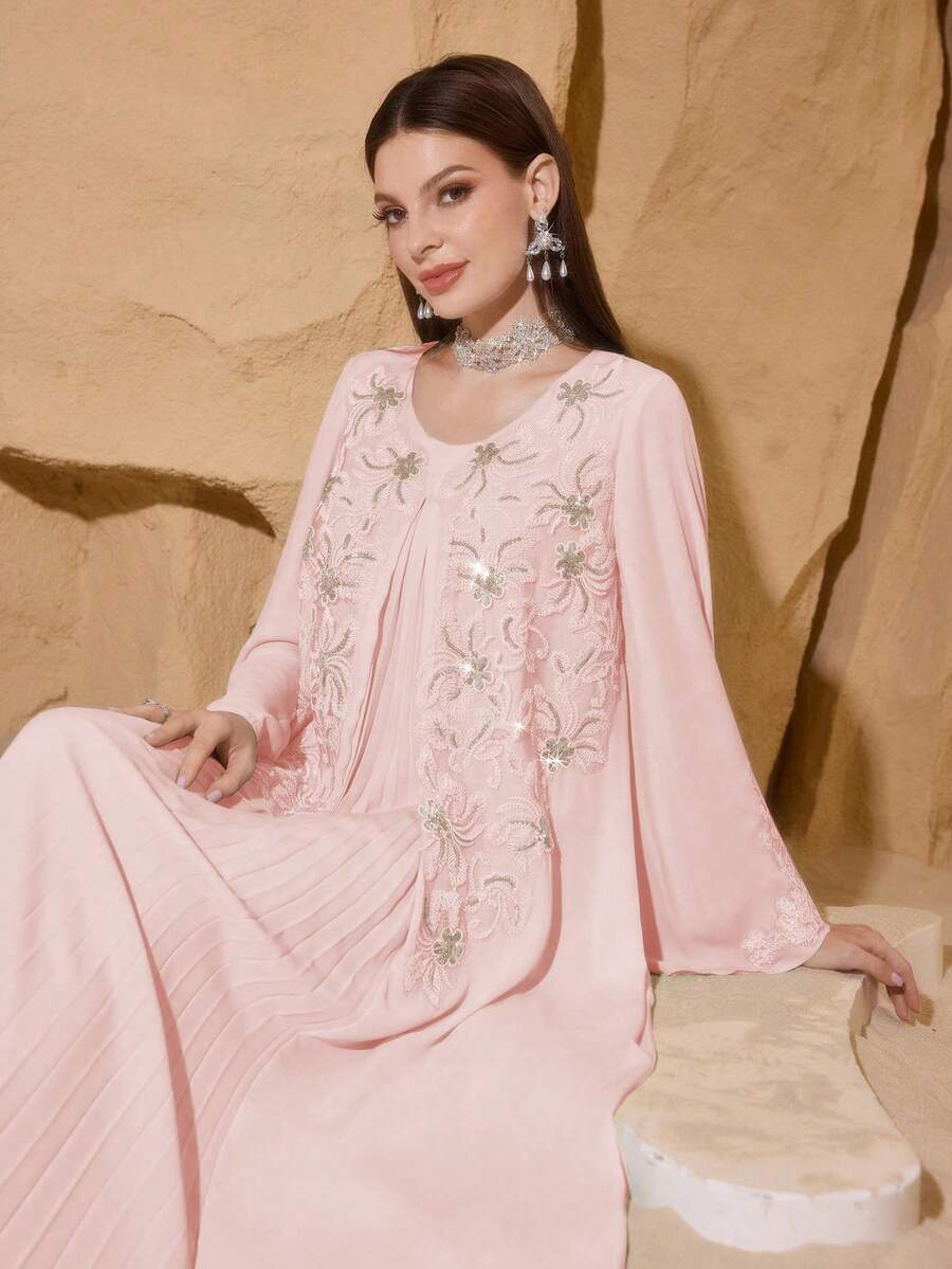 SHEIN Najma Đầm dài tay nữ thanh lịch thêu ngọc trai, phối nhiều mảnh, xếp ly phía trước. - Màu Hồng baby - Xem 1