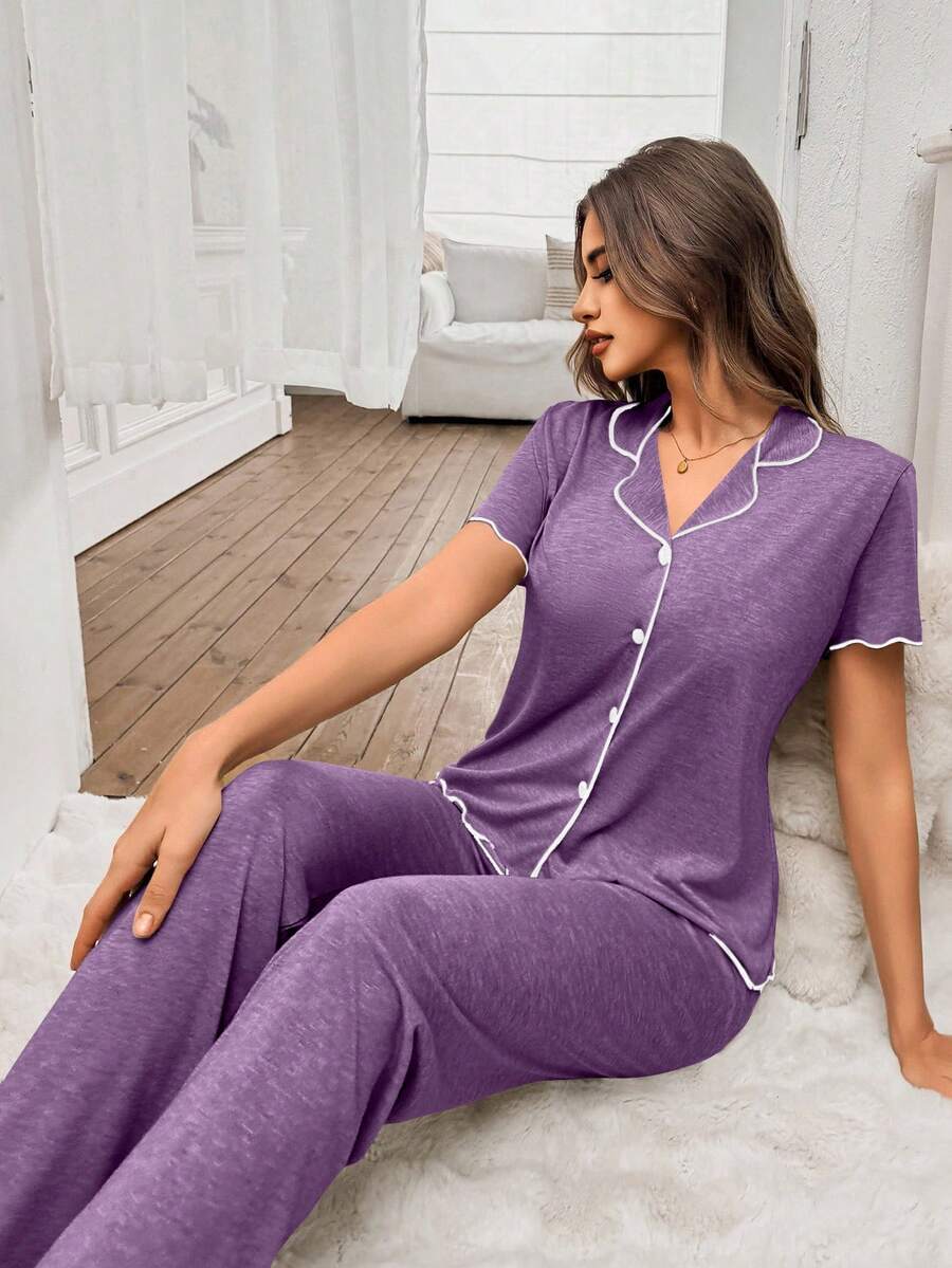 SHEIN 女士经典简约紫色V领短袖上衣和裤子家居服套装，休闲睡衣 - 紫色 - 查看 1
