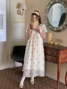 DAZY Teen Girls' Casual Vacation Style Full Butterfly Embroidery Puff Sleeve Waist Cinched Mini Dress, Summer - Apricot - View 5