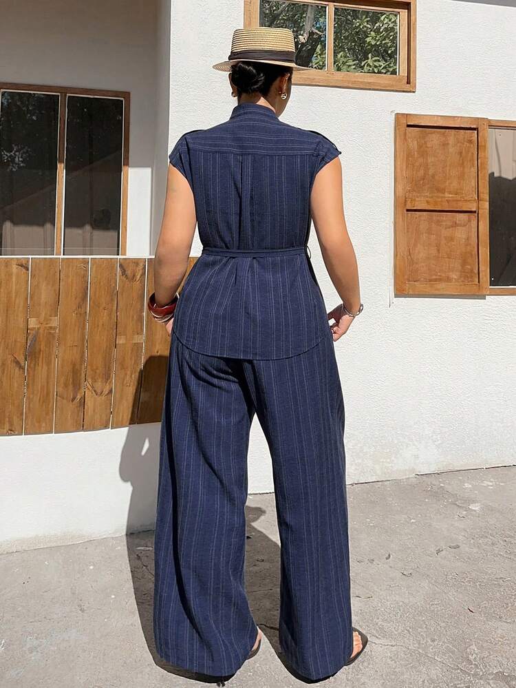 Dazy Plus 2pcs/Set Plus Size Women Casual Striped Sleeveless Tie Front Cardigan Top And Loose Pants Suit, Spring/Summer Lounge Sets For Women