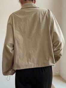 Livesso Women's Loose Waist Drawstring Collar Zipper Embroidery Slant Pocket Long Sleeve Jacket - Khaki - View 2