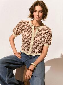 Poéselle 新款春夏法式复古条纹拼接提花镂空短袖针织女式上衣 - 彩色 - 查看 6