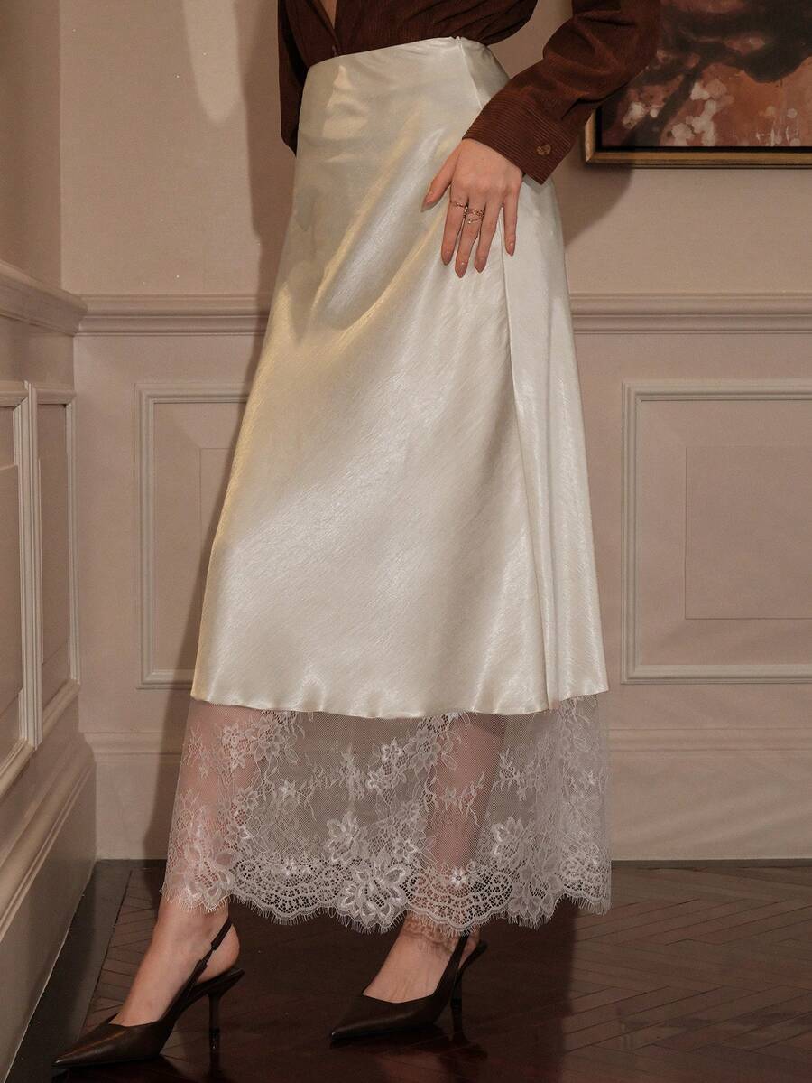 NOVVYNE 缎面蕾丝优雅时尚女裙 - 香檳色 - 查看 1