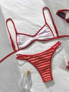 Swim Mod 两件套红色条纹休闲可爱比基尼泳装套装，春夏海滩度假 - 紅色 - 查看 3