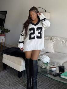 Tyla Gomez 情人节 V 领黑白心形印花套头衫，秋冬女士简约时尚休闲日常穿着 - 黑與白 - 查看 6