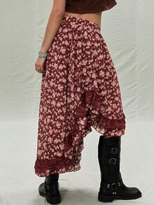 SoleilVie Women's Burgundy Floral Patchwork Lace Asymmetrical Hem Long Skirt,Summer Boho Vacation Style Western Free People Floral Print Skirts - Red - View 2
