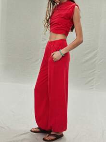 SoleilVie Women's Solid Color Stand Collar Asymmetric Hem Cap Sleeve Top And Lantern Pants Casual 2 Pieces Set Red Two Piece Outfit Women Red Casual Set Women Red Crop Top And Pants Set Red Wide Leg Pants Women Red Sweatpants Women Red Pants And Top Set - Red - View 4