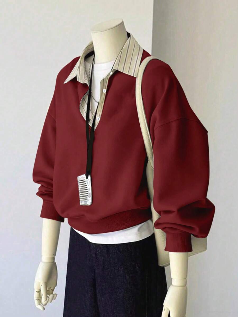 Airaco 女士休闲宽松落肩条纹拼接卫衣 - 酒紅色 - 查看 1