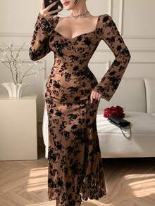 DAZY 女士方领长袖植绒提花高弹针织修身鱼尾裙摆优雅性感休闲连衣裙 - 棕色 - 查看 5