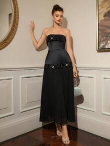 Poshira Women's Elegant Party Sequin Patchwork Pleated Hem Strapless Cocktail Dress - Black - View 4