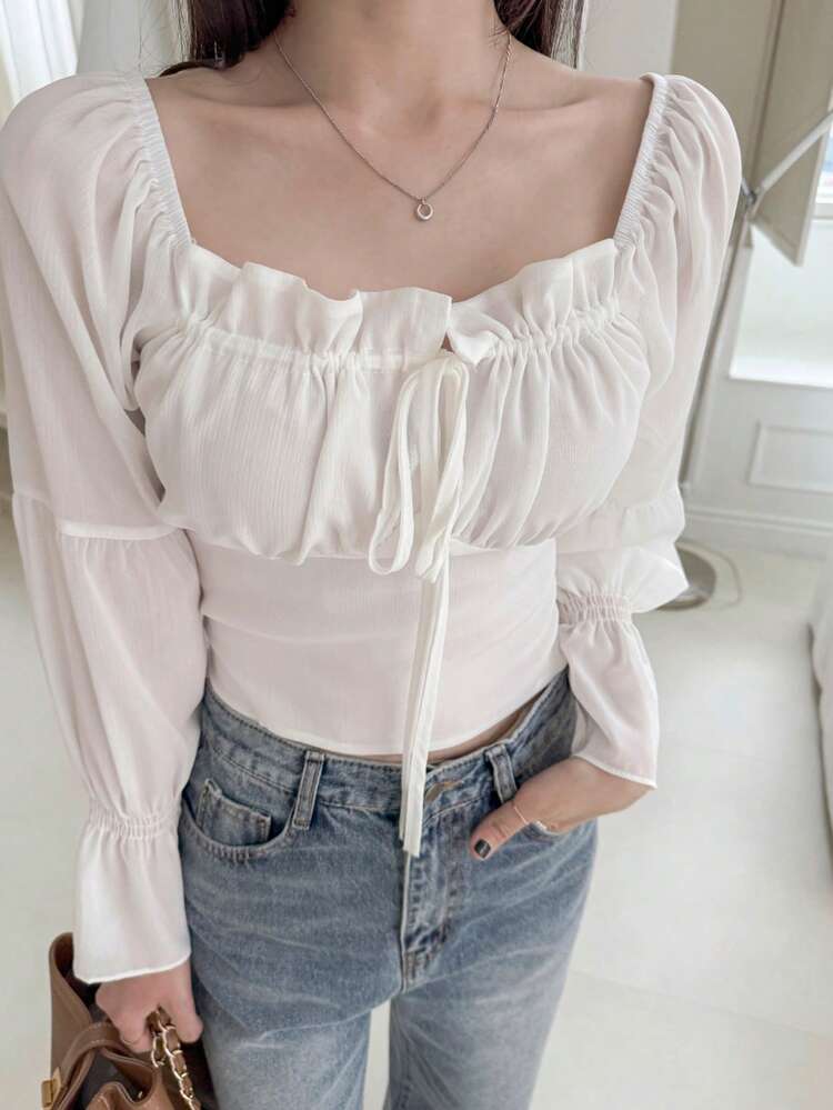 Early Spring French Niche Frill Trim Tie Front Puff Sleeve Cropped Chiffon Blouse For Women