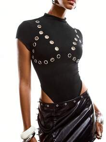 LYSMO 女士夏季休闲时尚街头连帽无袖铆钉细节修身连体衣 - 黑色 - 查看 5