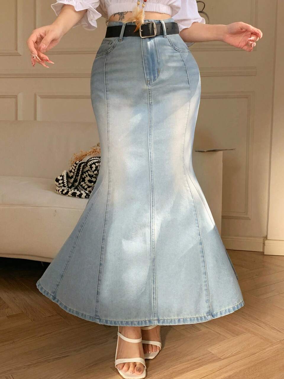 Washed Denim Fish Tail High Waist Slimming Long Skirt For Women, Summer