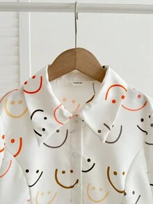 SHEIN LMoss Kids 少女白色領口印花短版短袖襯衫，休閒可愛日系圖案鈕扣開襟上衣，適合夏天少女上學穿著 - 白色 - 查看 6