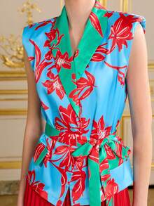 LOTSLUV Women's Blue, Green, Red Tropical Floral Placement Print, V-Neck Sleeveless Cinched Waist Padded Shoulder, Printed Jacket - Blue - View 8