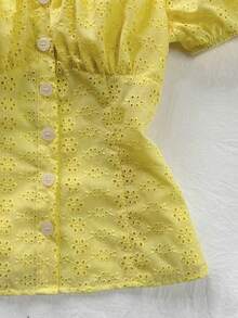 Flirla Women's Yellow Hollow Embroidered Square Collar Puff Sleeve Cinched Waist Button-Up Shirt,Sweet Boho Casual Summer Holiday Picnic Beach Short Top - Yellow - View 6