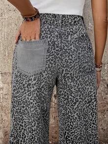 EMERY ROSE Mature Denim Women's Solid Color Leopard Print Patchwork Fashionable Jeans Summer Beach - Blue - View 4