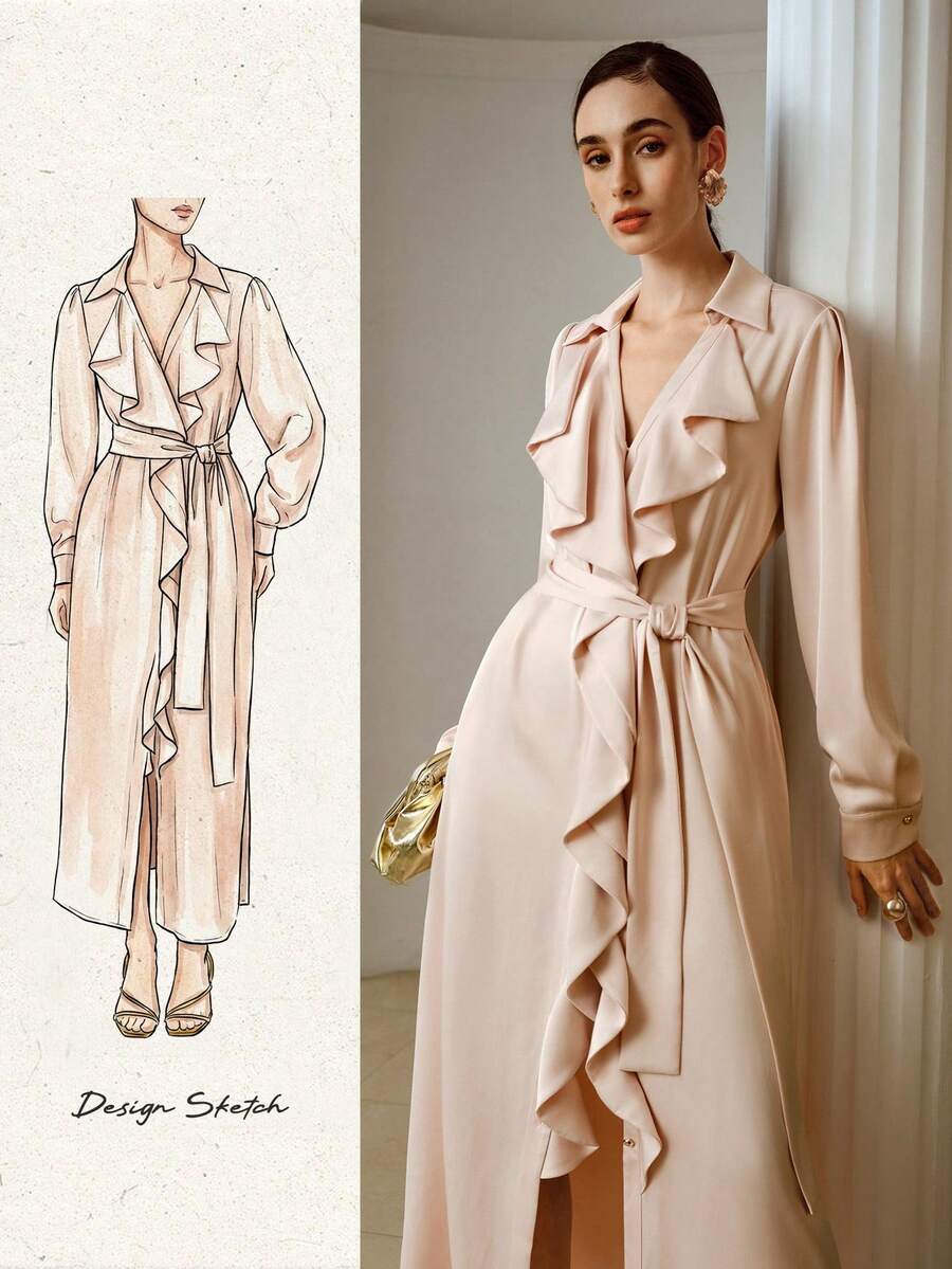 ZEYLAH Spring Ruffled Collar Long Sleeve Satin Dress, Romantic For Valentine's Day - Baby Pink - View 1
