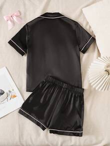 SHEIN Tween Girls' Casual Satin Lapel Button-Up Top And Shorts Pajama Set, Spring/Summer - Black - View 2