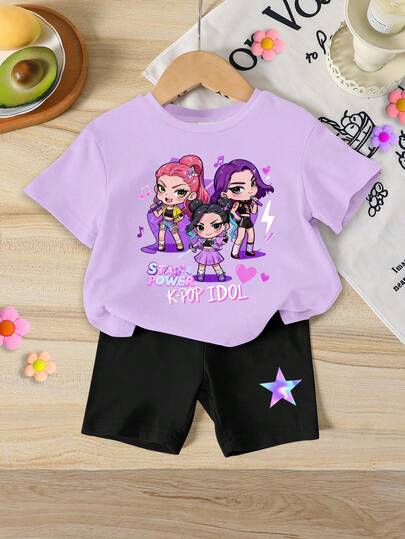 1 set babyflicka casual K-POP tecknat tryck kortärmad stickad t-shirt och matchande shorts set, bekvämt stickat set för vardag, semester, fritid, sportmode