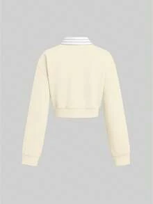 Sweetra 秋季新款美式复古休闲条纹宽松套头衫二合一 Polo 领长袖卫衣 - 杏色 - 查看 2