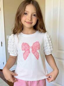 Young Girl Bow Print Round Neck Short Puff Sleeve Casual T-Shirt - White - View 8