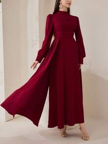 Veilorie 女士纯色立领灯笼袖优雅阿拉伯连衣裙 - 酒紅色 - 查看 2