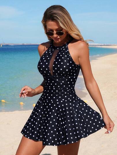 Swim Lushoire Women's Polka Dot Print Halter Neck Beach Dress, Summer Vacation Polka Dot Swimsuit Women Vacation Dress Polkadot Dress Polka Dot Dress Women