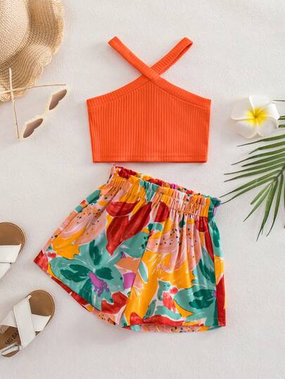 SHEIN 女婴度假休闲针织橙色背心和印花短裤套装