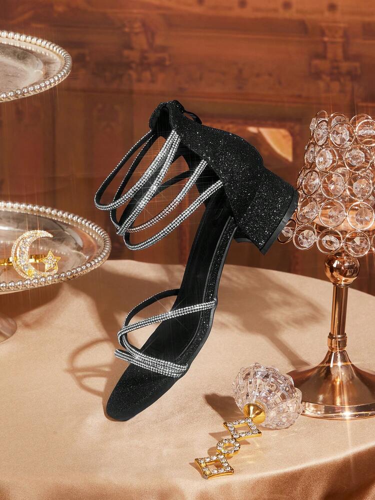 CUCCOO TILAWA Women Shoes Summer Round Toe Thick High Heel Black Rhinestone Strip Open-Toed Women's Sandals Sexy Fashion Gorgeous Comfortable With Skirts Banquet Party Nightclub Women's Medium Heel Sandals