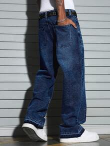 Manfinity EMRG Men's Street Style Rhinestone Print Wide-Leg Denim Pants - Dark Wash - View 2