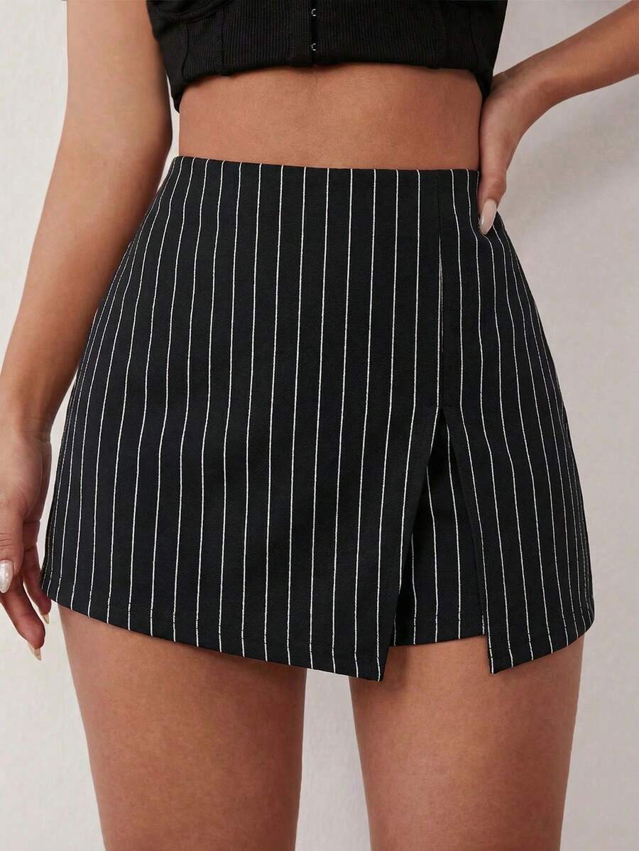SHEIN SXY Women's Side Slit Hem Striped Elegant Business Casual Pants Skirt - Black and White - View 1