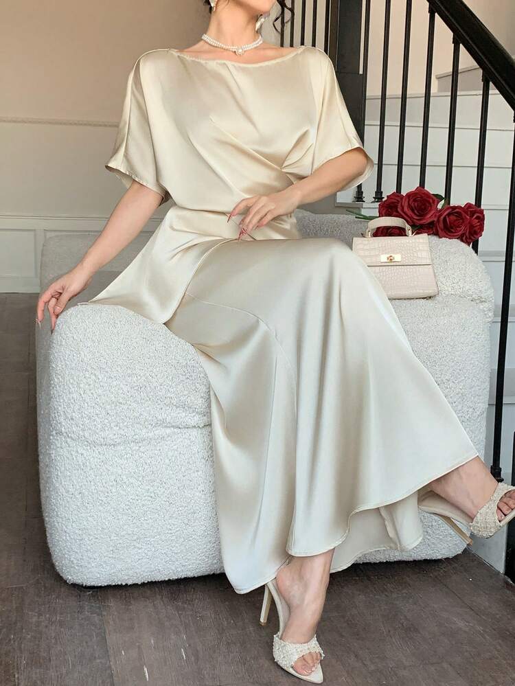 2pcs Women Satin Waist Shirt And Skirt Set