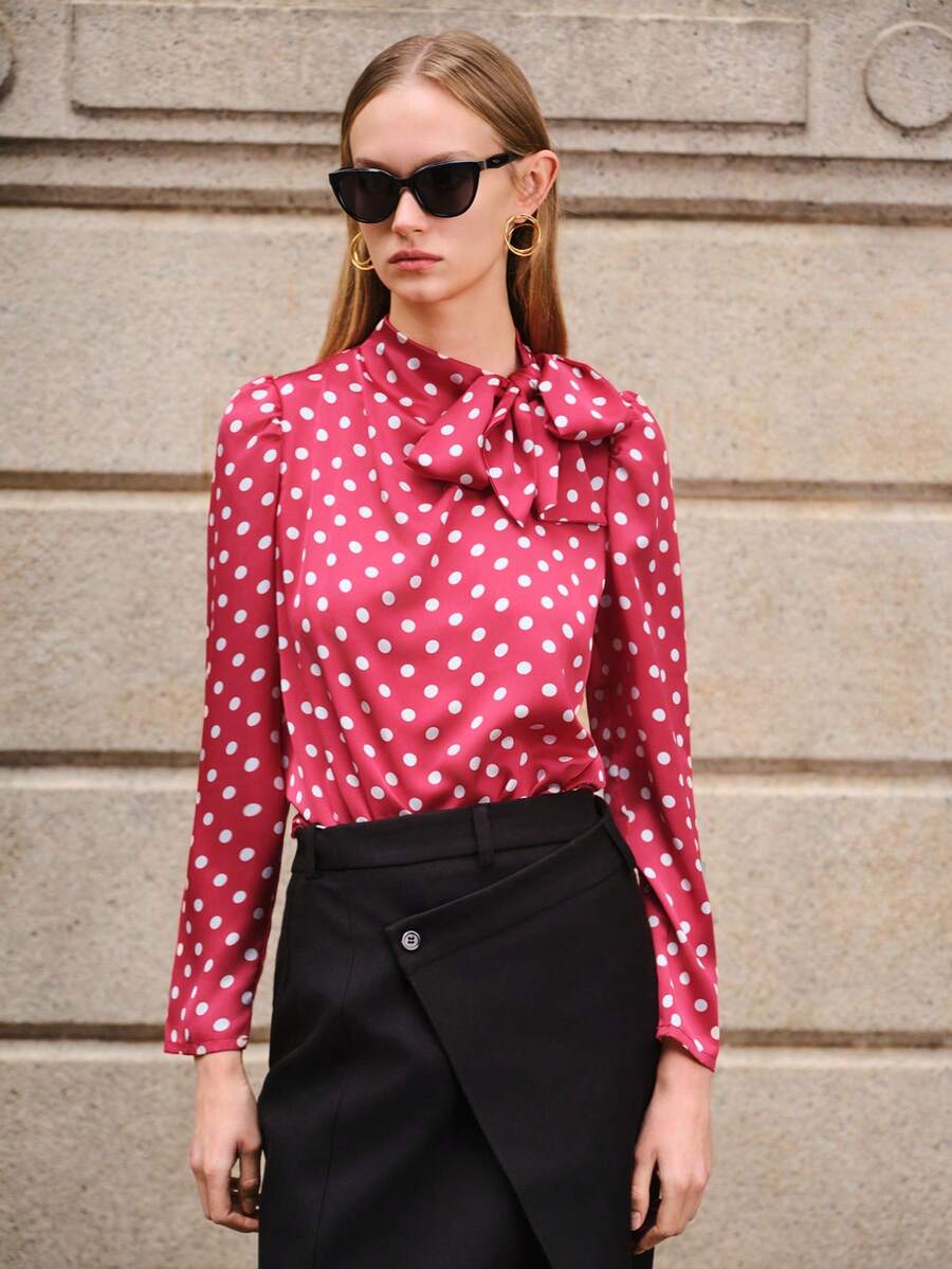 Lumivelle 女士波点印花优雅系领泡泡袖衬衫 - 紅色 - 查看 1