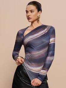 Leighera Áo thun dài tay nữ thanh lịch in họa tiết chuyển màu, thiết kế lệch vai, thích hợp cho mùa xuân. - Màu xám đen - Xem 4