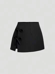 SHEIN Tall Spring/Summer Design Bow Tie Waist Sexy Slit A-Line Black High-Waisted Mini Skirt For Tall Women - Black - View 1