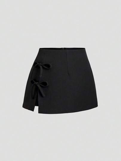 SHEIN Tall Spring/Summer Design Bow Tie Waist Sexy Slit A-Line Black High-Waisted Mini Skirt For Tall Women