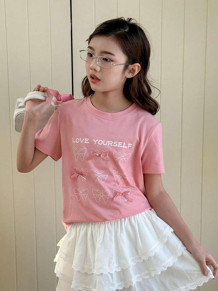 Girls' Round Neck Butterfly Print T-Shirt