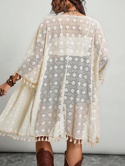 Freevana Plus Size Kimono, Plus Size Beachwear, V-Neck 3/4 Sleeve Jacket, Casual Vacation Top, Sunscreen Clothing, Tassel Decor At Cuffs And Hem, Geometric Lace Pattern, Hollow-Out Top