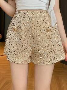 DAZY Quần short nữ thanh lịch đính sequin có túi, thích hợp mặc mùa hè, dự tiệc cưới. - Màu be - Xem 6