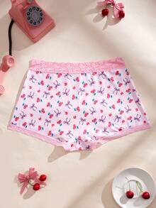 Eraneu 女士樱桃印花蕾丝拼接三角裤 - 彩色 - 查看 2
