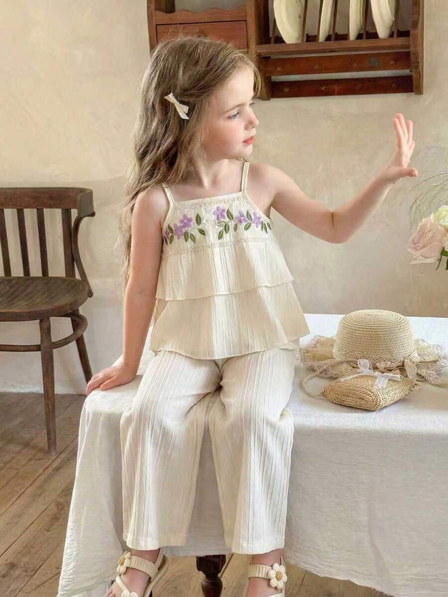 两件套少女甜美温柔风格杏色吊带背心+阔腿裤，精致紫色花朵和绿色叶子刺绣休闲套装 - 杏色 - 查看 1