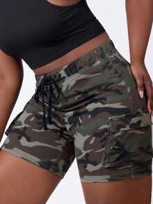 CurvyTilda Plus Size Women's High Waisted Slim Fit Sexy Camo Cargo Denim Shorts, For Hourglass Body Shape, For Body Shape, For Summer - Multicolor - View 4