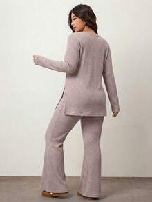 Enliva 大码休闲家居服简约露肩罗纹两件套，秋冬皆宜，适合圆润身材曲线 - 藕粉色 - 查看 2