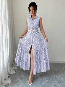 Elenzga 女士条纹纽扣腰无袖连衣裙 - 藏蓝色 - 查看 1