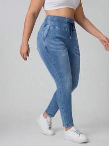 SHEIN Essnce 大码纯色简约休闲牛仔裤 - 藍色 - 查看 7