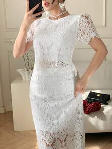 DAZY Hollow Lace Blouse & High Waist Skirt Set, Fashionable & Elegant, Slimming, Gentle Style For Women Summer - Beige - View 6